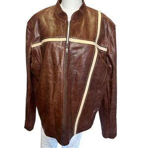 Men's/ Unisex Retro Brown Leather Jacket with Cream Stripes